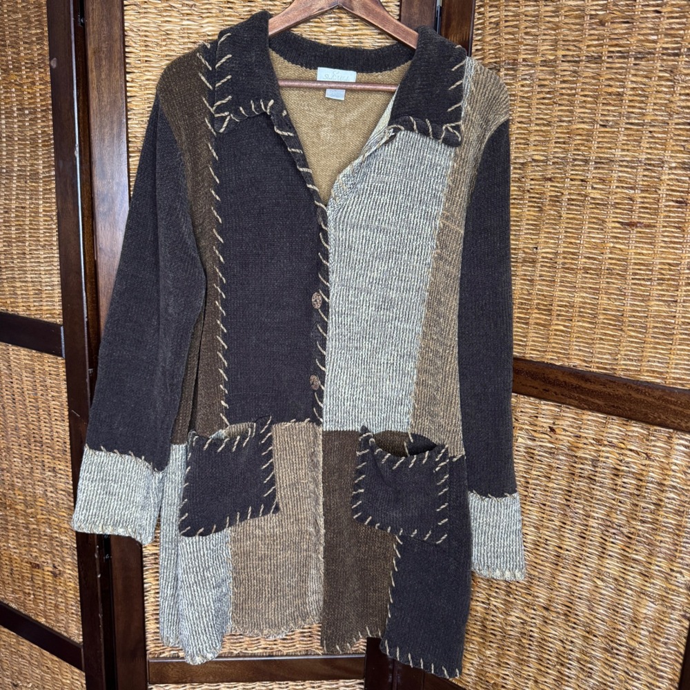 90's Patchwork Whipstitch Cardigan Sweater XL Neutral Boho Chunky Knit Long